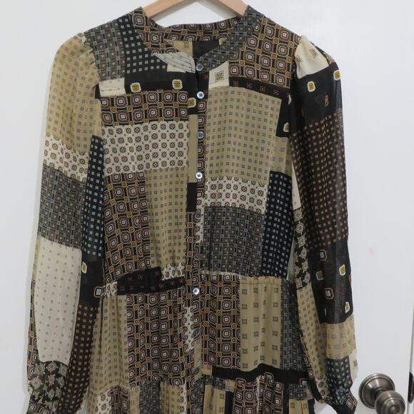 Banana Republic Womens Sz S Patchwork Pattern Pleated Midi Dress Long Sleeve - Picture 3 of 10